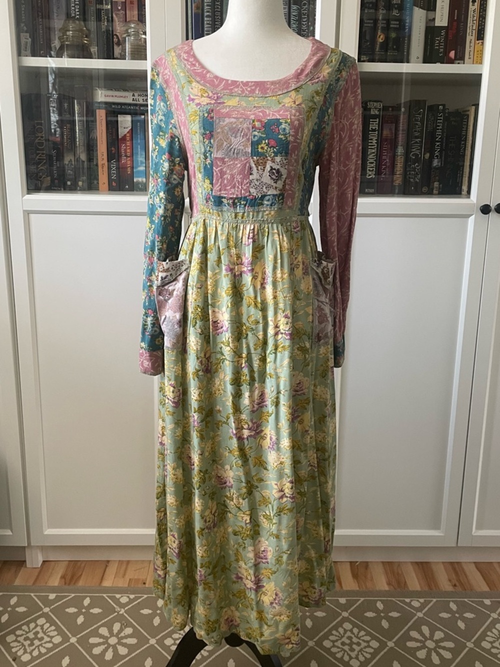 Patchwork Floral Long-Sleeve Maxi Dress in Pastel Mix